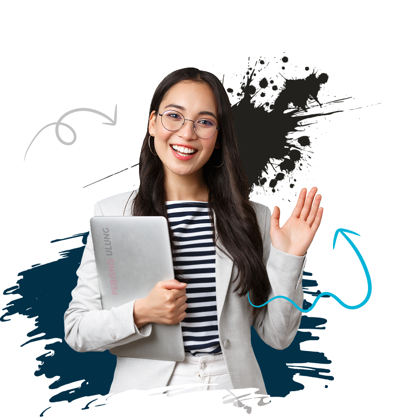 Technology professional holding a laptop and waving