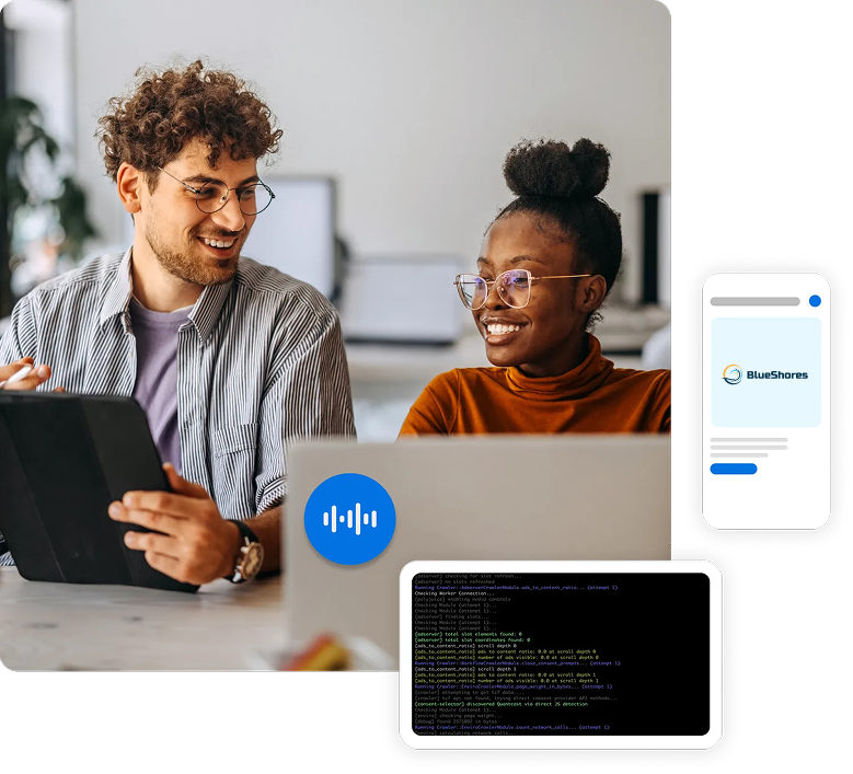 Two technology professionals collaborating with BlueShores digital product tools